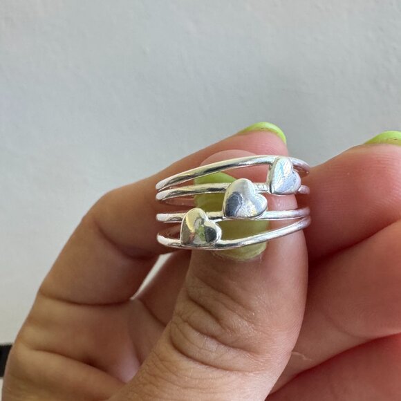 Sterling Silver 925 Triple Band Ring with Three Hearts - Picture 6 of 6